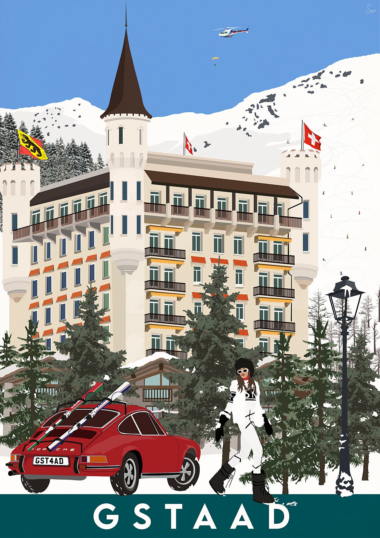Illustration of a snowy mountain resort with a castle-like building, a red car, and a person with luggage, featuring the Gstaad Palace.