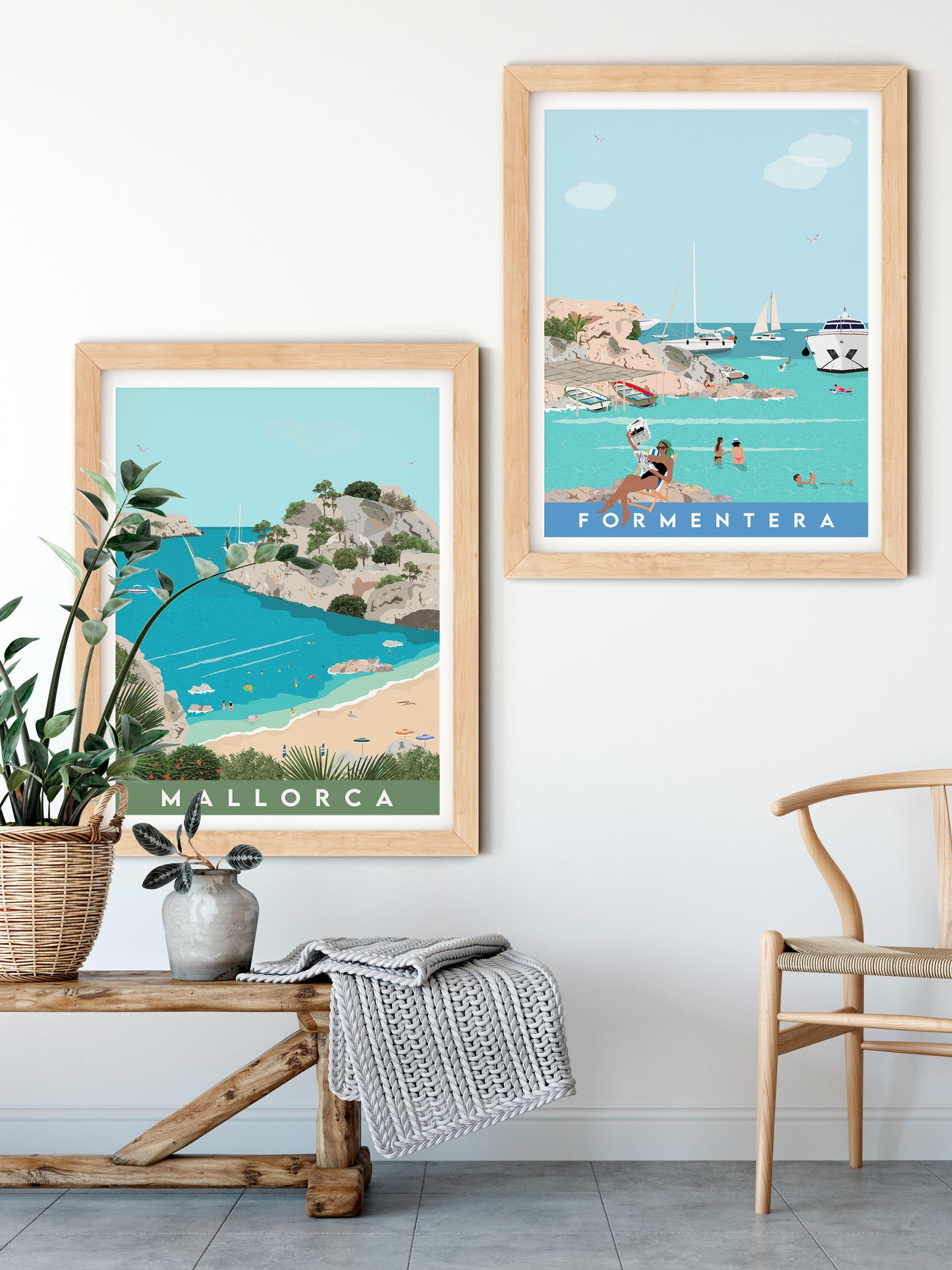 Two framed posters of Mallorca and Formentera on a wall with a wooden bench and chair.
