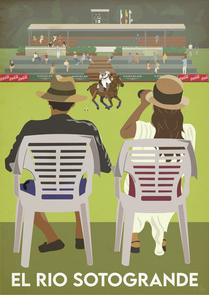 Illustration of two people watching a horse race Polo at El Rio Sotogrande