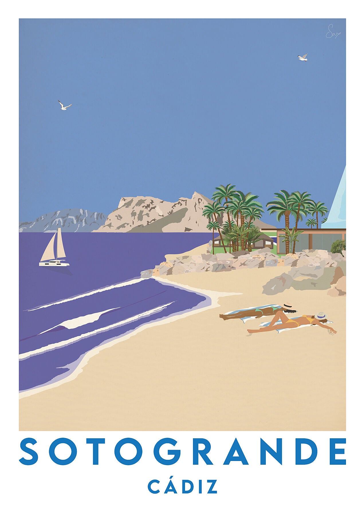 Illustration of a beach scene with palm trees, a sailboat, and the text 'Sotogrande Cádiz' on a blue background.