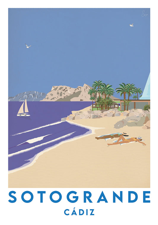 Illustration of a beach scene with palm trees, a sailboat, and the text 'Sotogrande Cádiz' on a blue background.