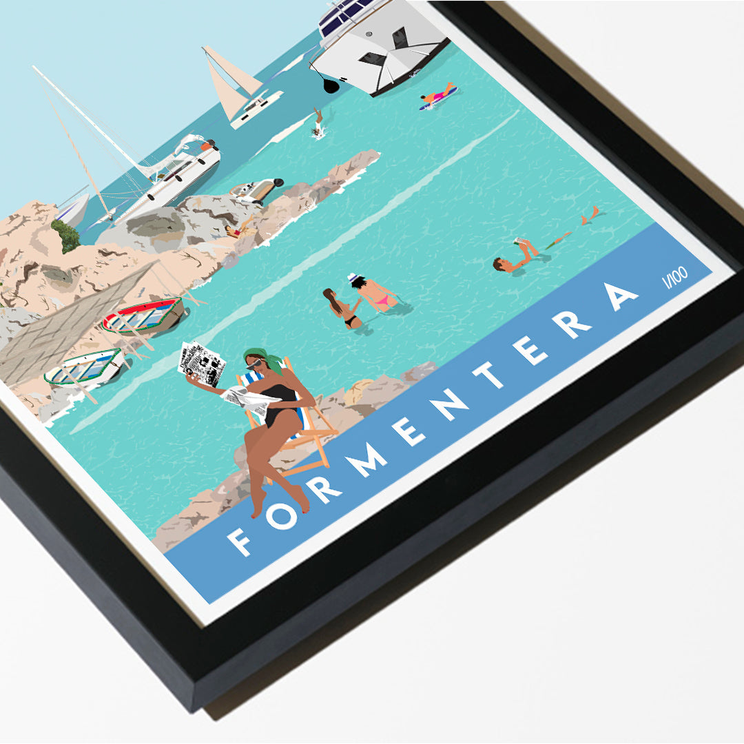 Framed artwork of a beach scene with people and boats, labeled 'Formentera'.