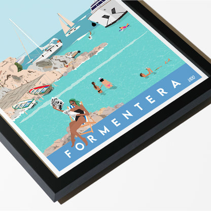 Framed artwork of a beach scene with people and boats, labeled 'Formentera'.