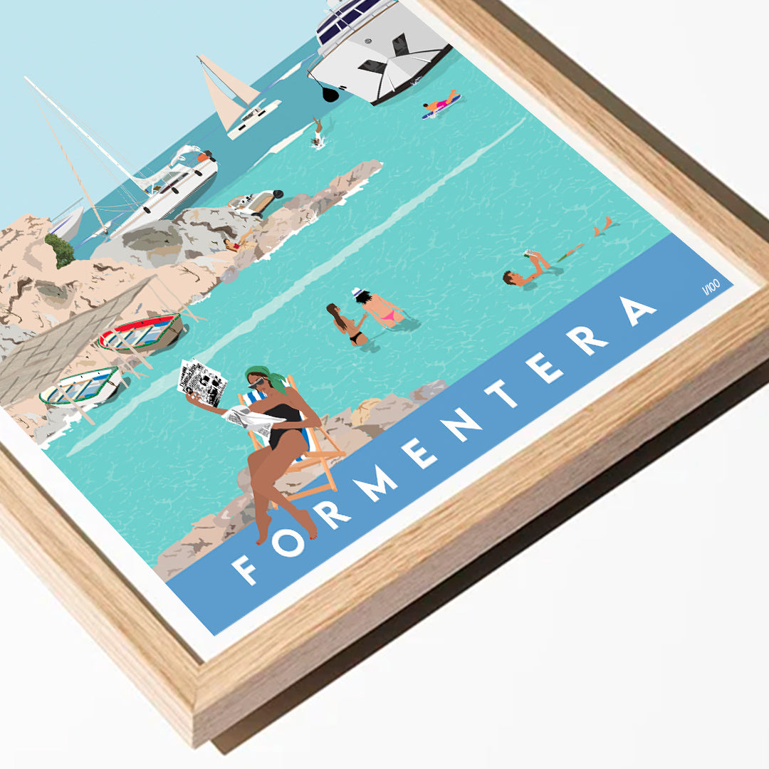 Illustration of a beach scene with people and boats, featuring the word 'Formentera'.