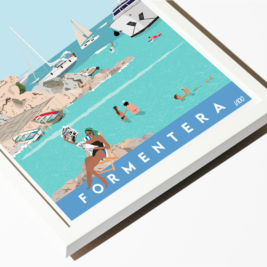 Illustration of a beach scene with people and boats, featuring the text 'Formentera'.