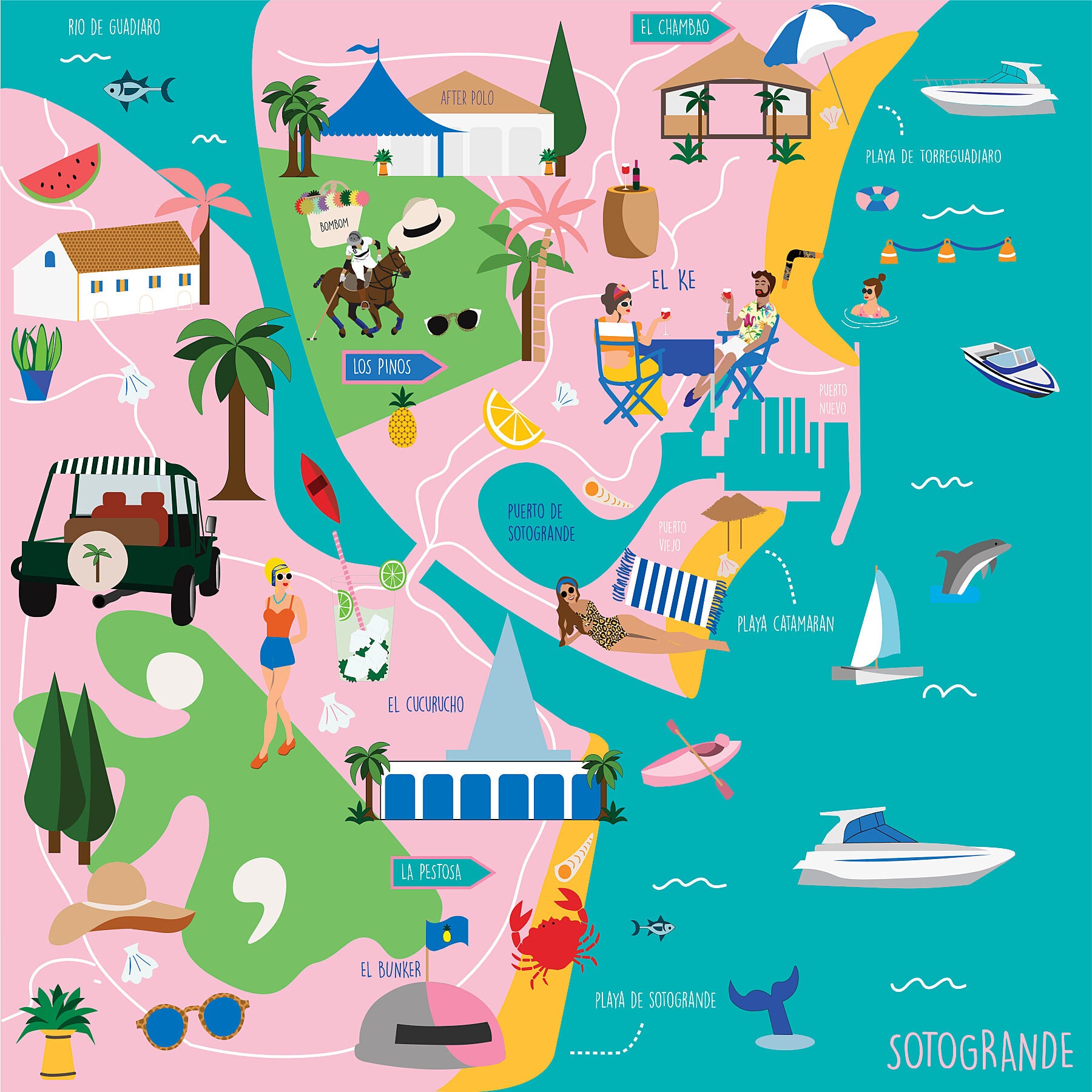 Colorful map of Sotogrande with illustrations of people, activities, and landmarks.
