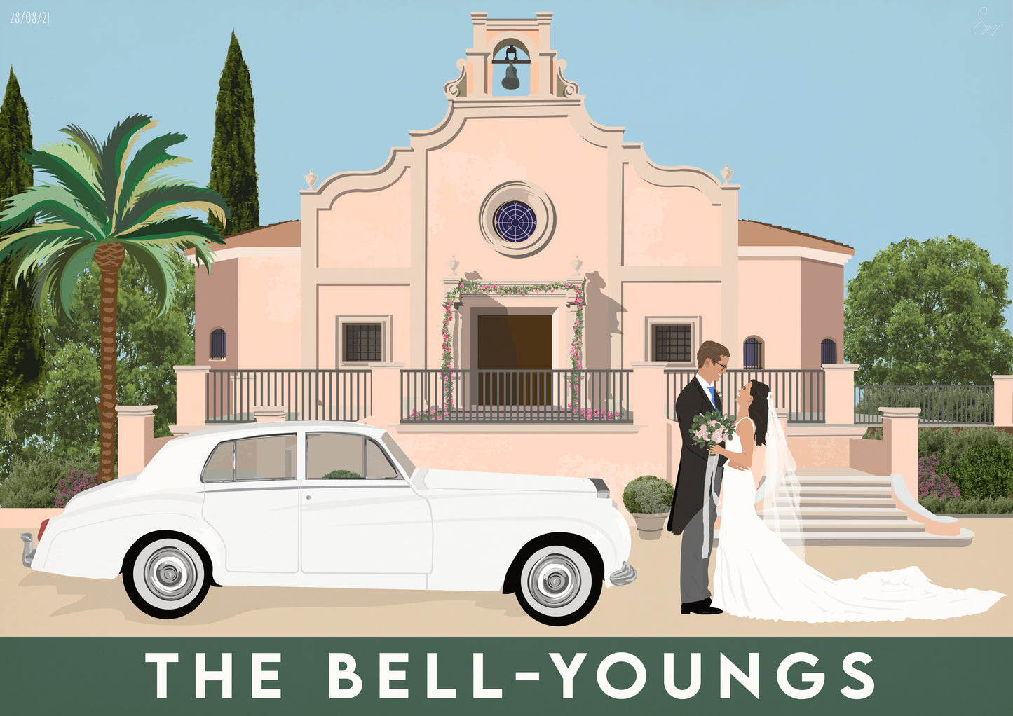 Illustration of a wedding scene with a white car and couple in front of a pink church, palm trees, and greenery.