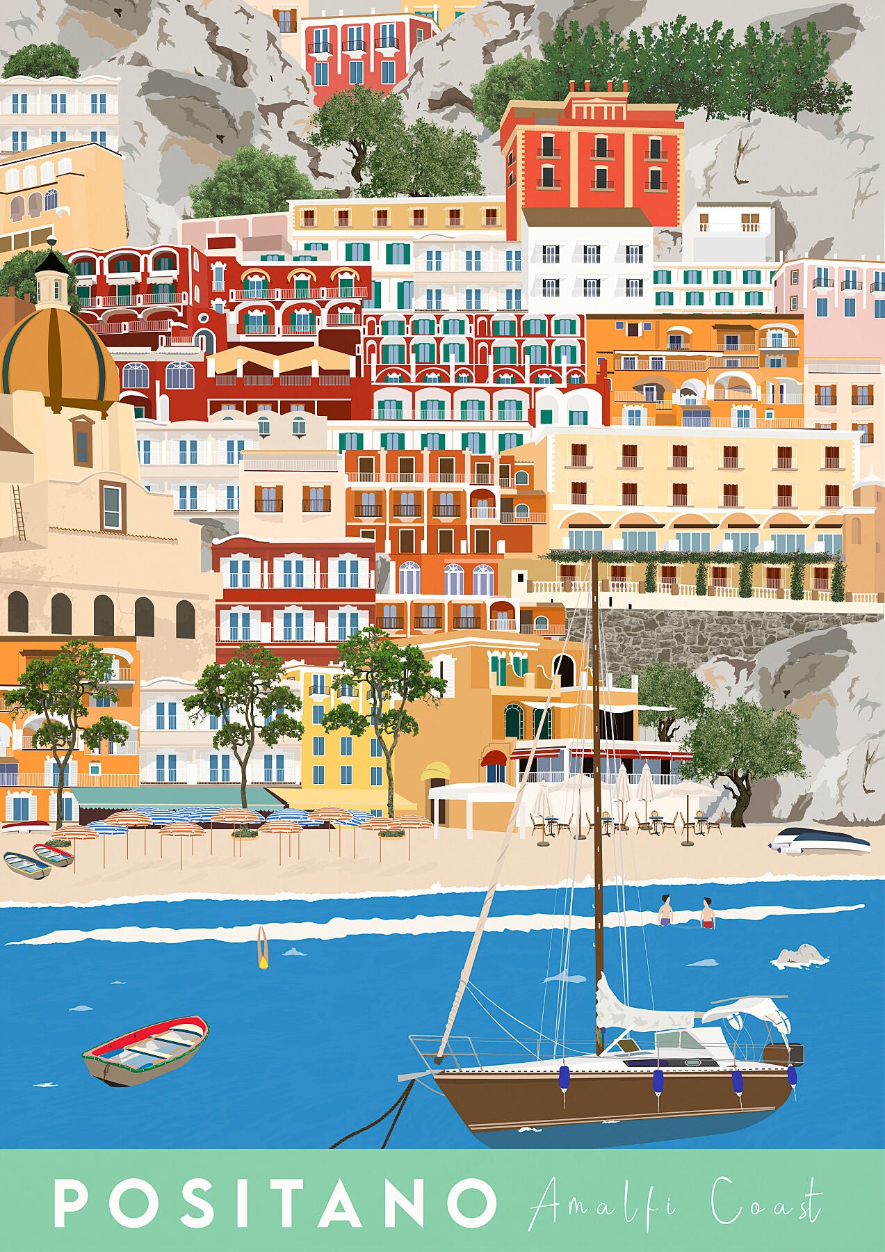 A colorful print of Positano, Amalfi Coast, featuring a vibrant depiction of the town's houses and boats on the waterfront.