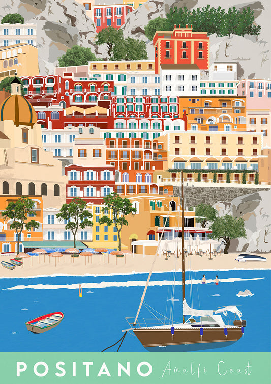 A colorful print of Positano, Amalfi Coast, featuring a vibrant depiction of the town's houses and boats on the waterfront.