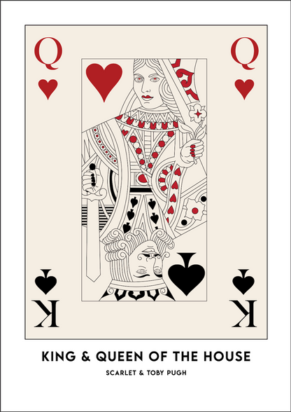 Card design with 'King & Queen of the House' text and card symbols on a white background