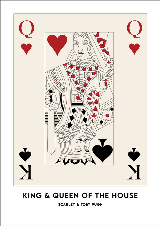 Card design with 'King & Queen of the House' text and card symbols on a white background