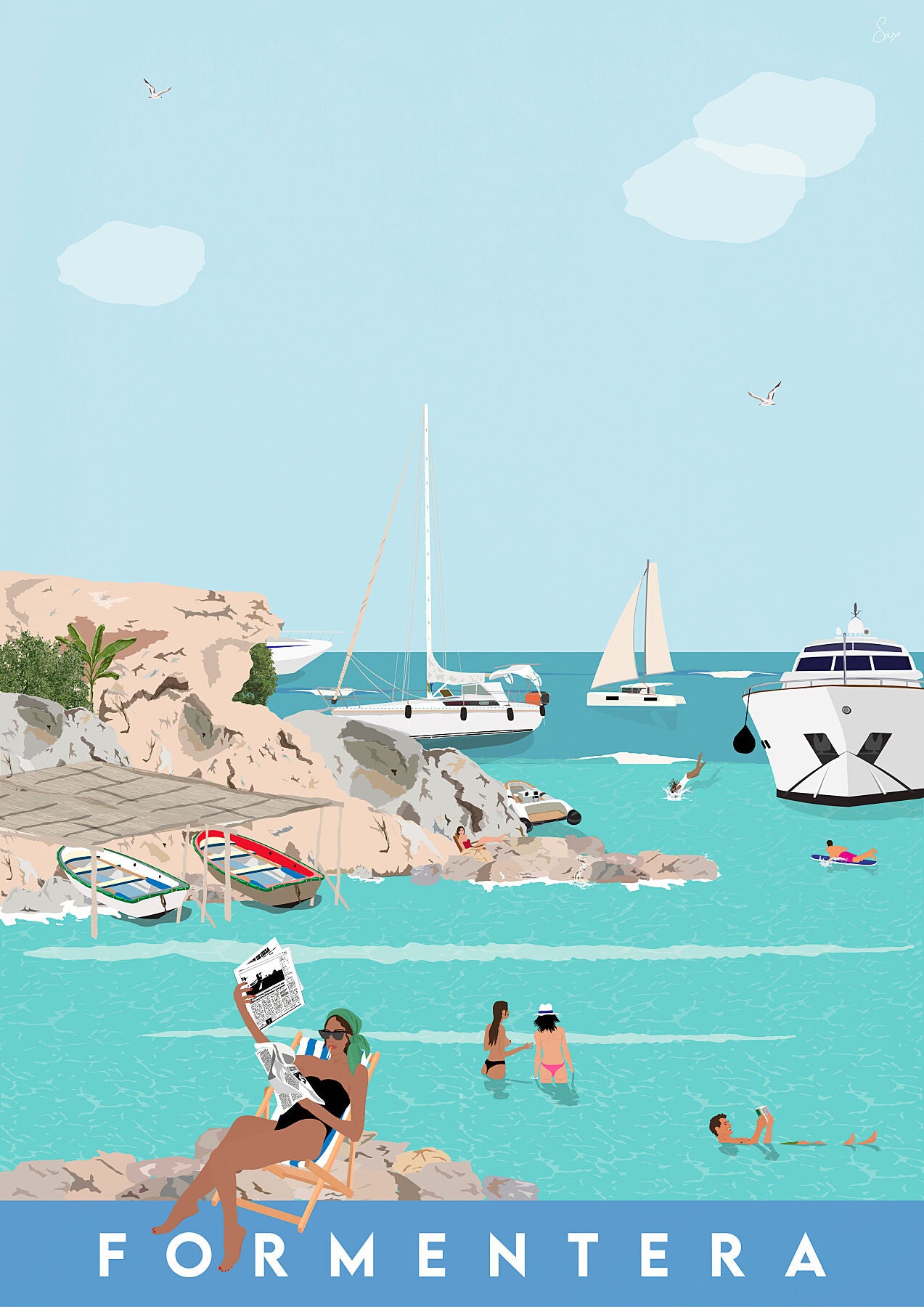 Illustration of a beach scene with people, boats, and the word 'Formentera' on a blue sky background.