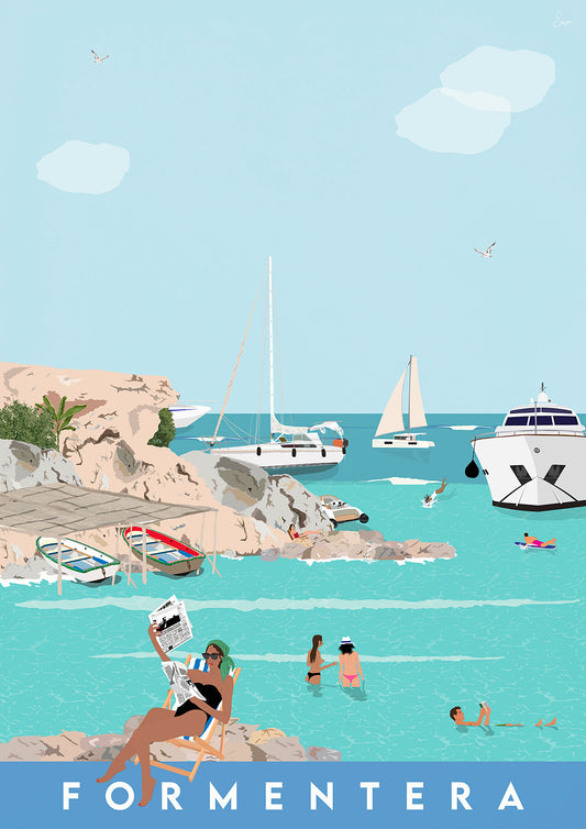 Illustration of a beach scene with people, boats, and the word 'Formentera' on a blue sky background.