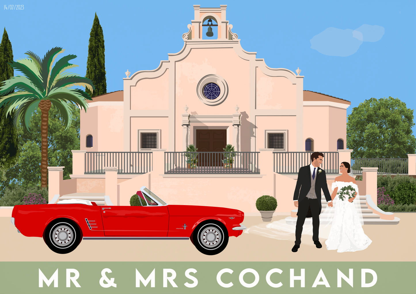 Illustration of a bride and groom in front of a church with a red car, palm trees, and a clear blue sky.