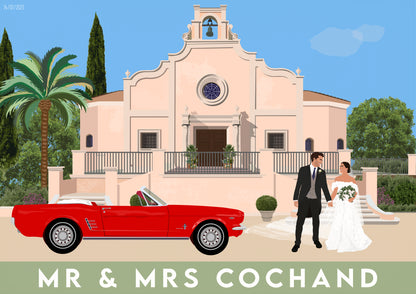 Illustration of a bride and groom in front of a church with a red car, palm trees, and a clear blue sky.