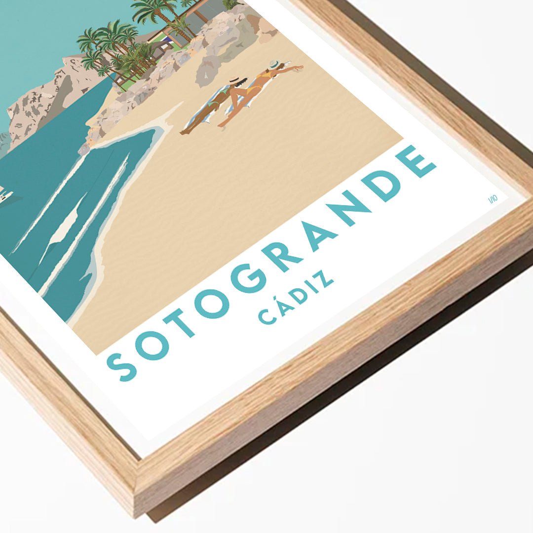 Framed artwork of a beach scene with 'Sotogrande Cádiz' text