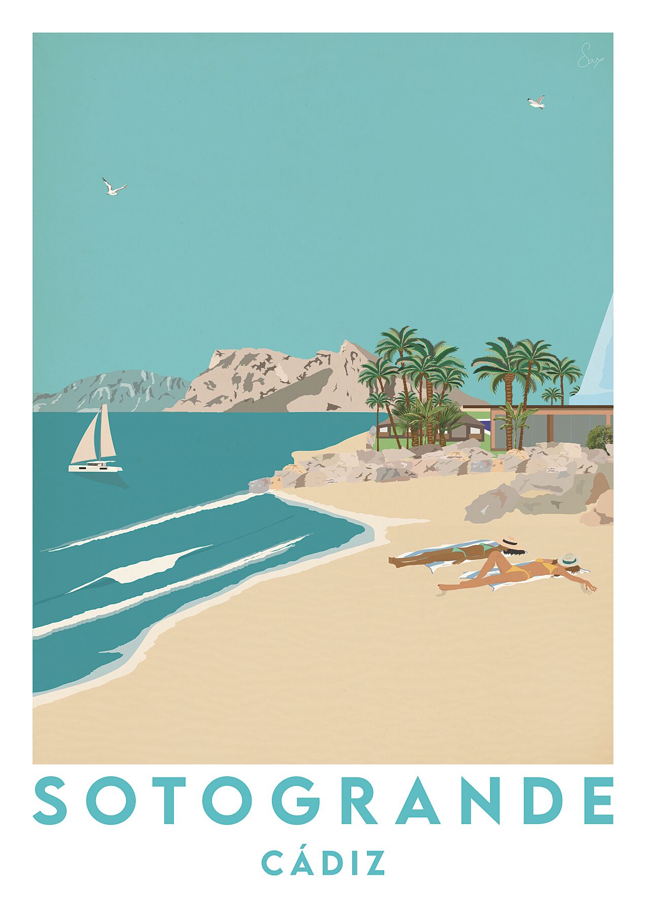 Beach scene with palm trees, sailboat, and rocky outcrop in Sotogrande, Cádiz.