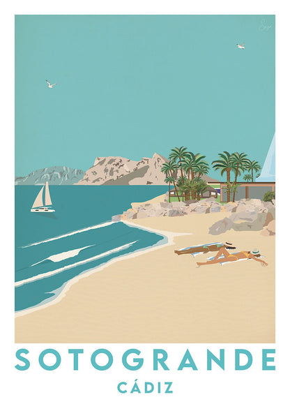 Beach scene with palm trees, sailboat, and rocky outcrop in Sotogrande, Cádiz.