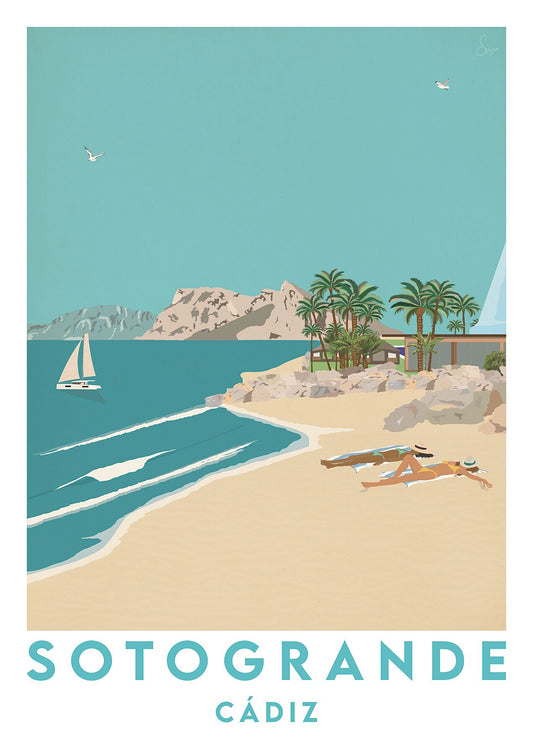 Beach scene with palm trees, sailboat, and rocky outcrop in Sotogrande, Cádiz.