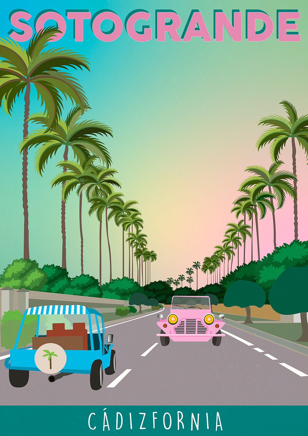 A colorful illustration of a car driving on a road lined with palm trees, featuring the text 'SOTOGRANDE' and 'CADIZFORNIA'.