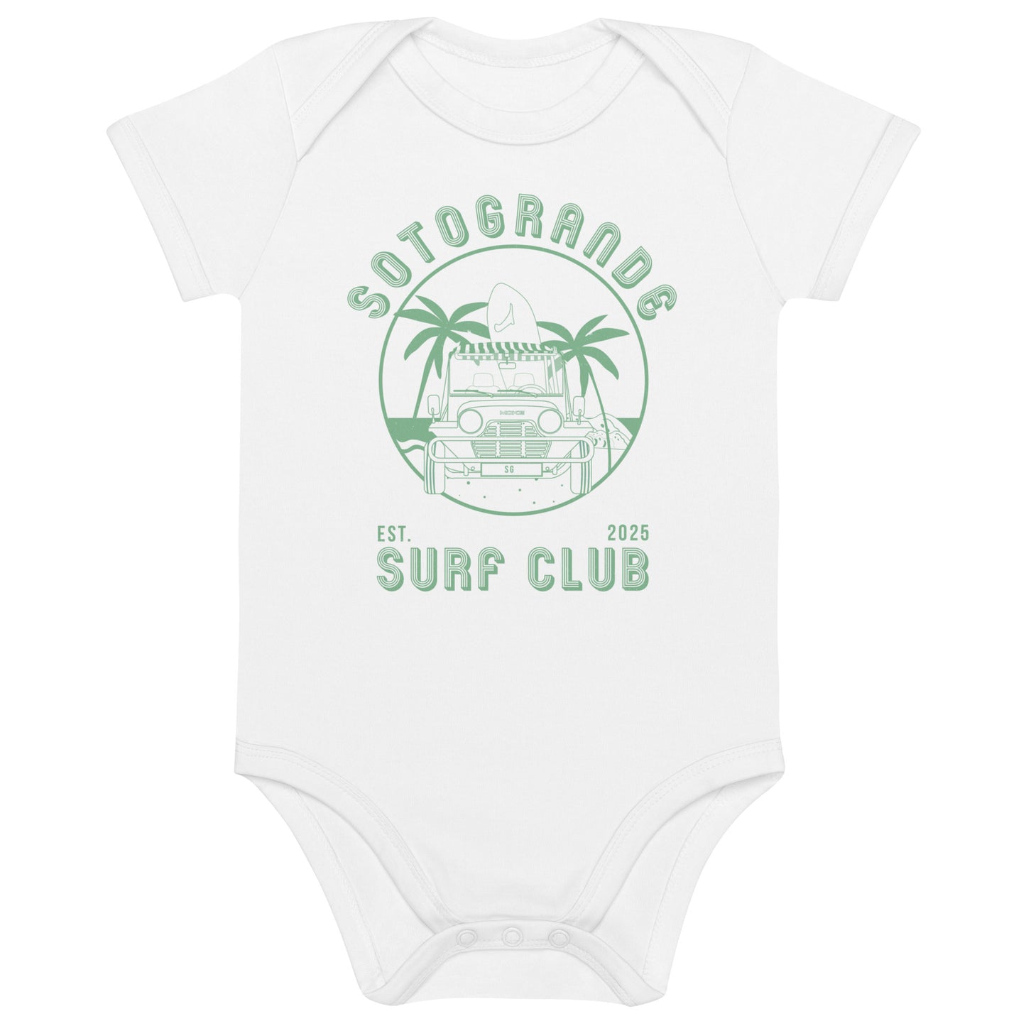 A babygrow featuring an illustration that says Sotogrande Surf Club