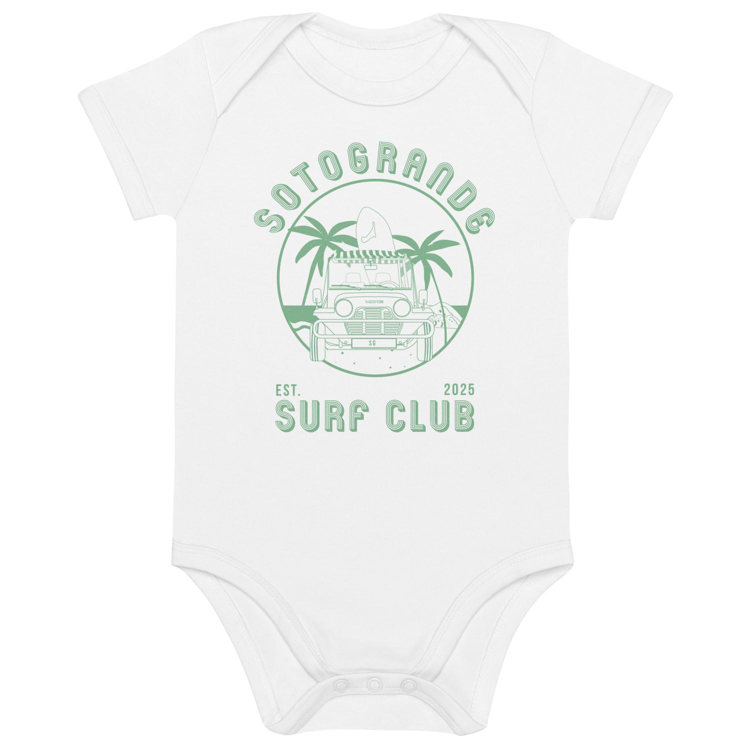 A babygrow featuring an illustration that says Sotogrande Surf Club