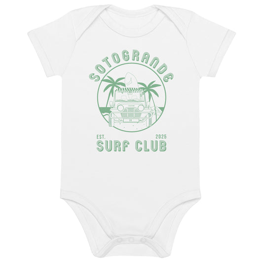 A babygrow featuring an illustration that says Sotogrande Surf Club