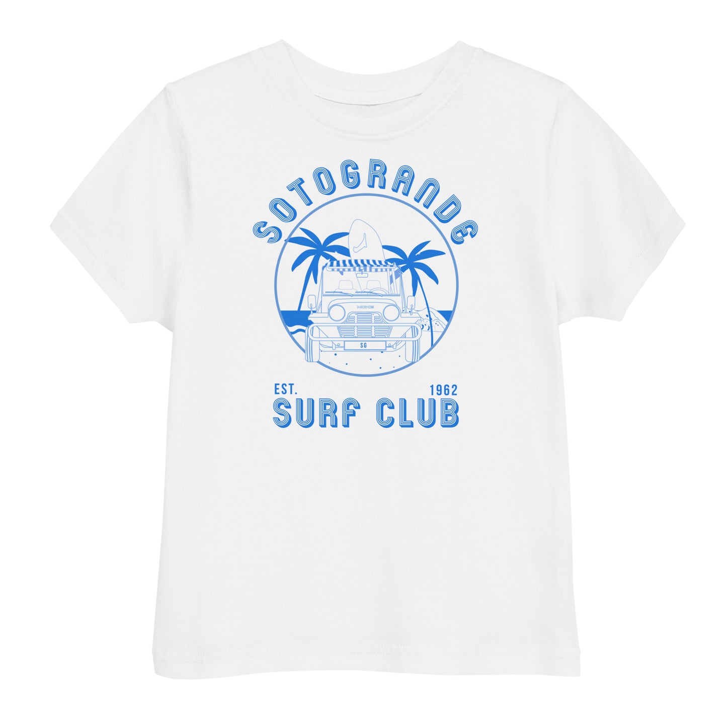 White t-shirt with blue graphic design Sotogrande featuring palm trees and a jeep on a white background