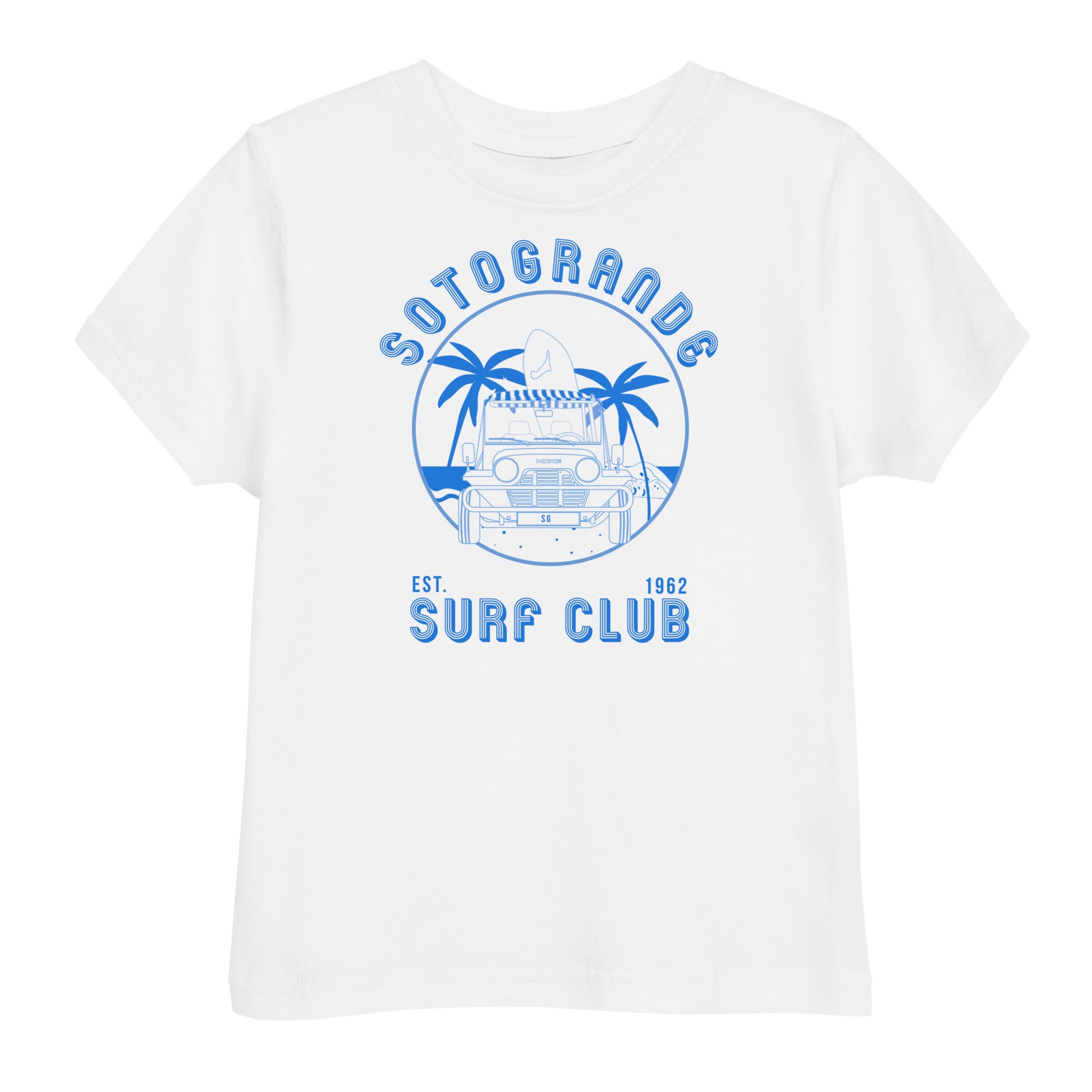 White t-shirt with blue graphic design Sotogrande featuring palm trees and a jeep on a white background