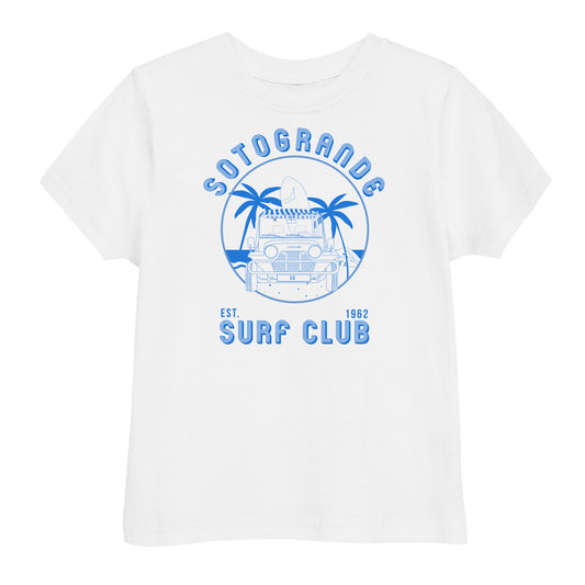 White t-shirt with blue graphic design Sotogrande featuring palm trees and a jeep on a white background