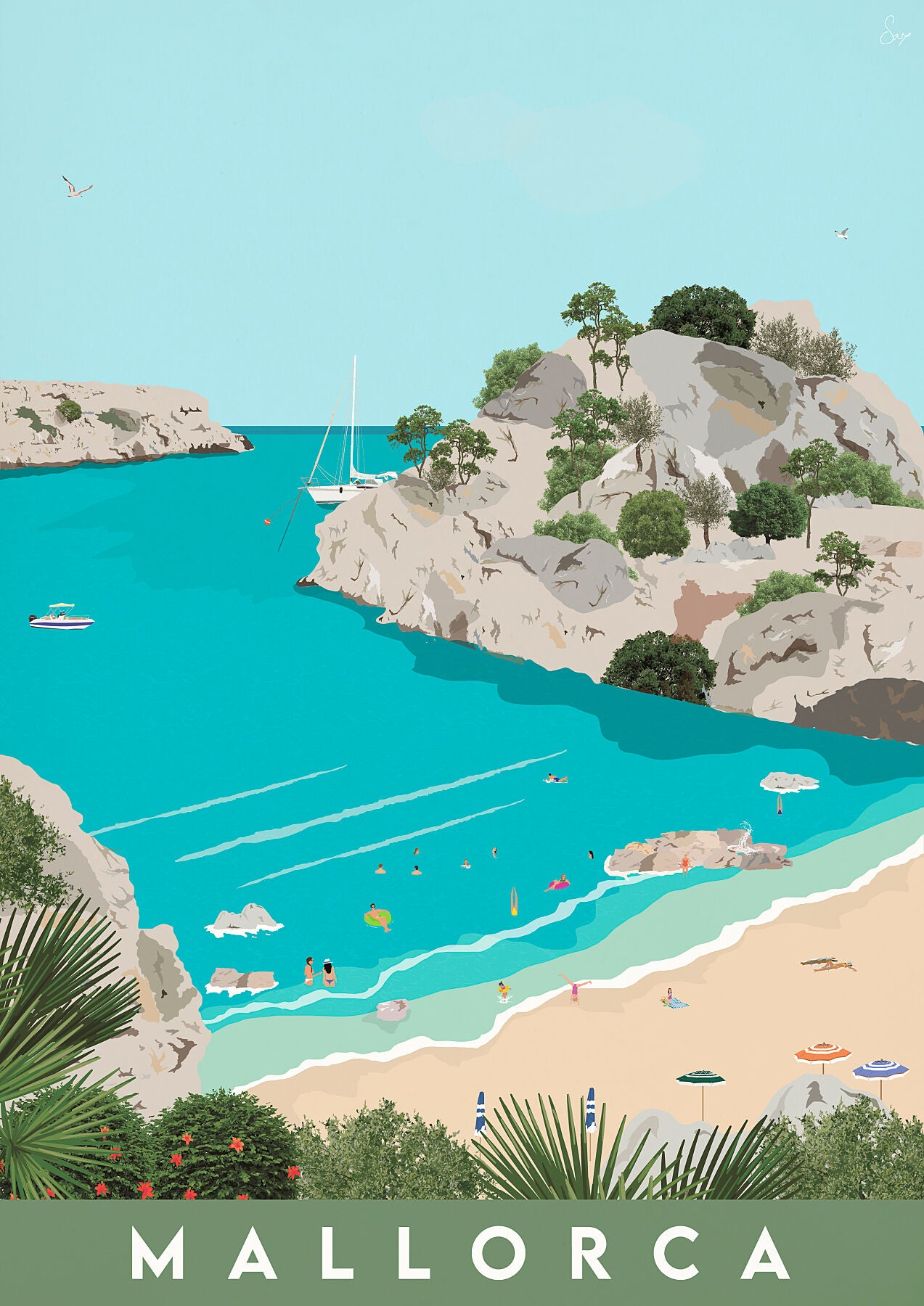 Illustration of a Mallorca beach and turquoise waters with 'Mallorca' text at the bottom.