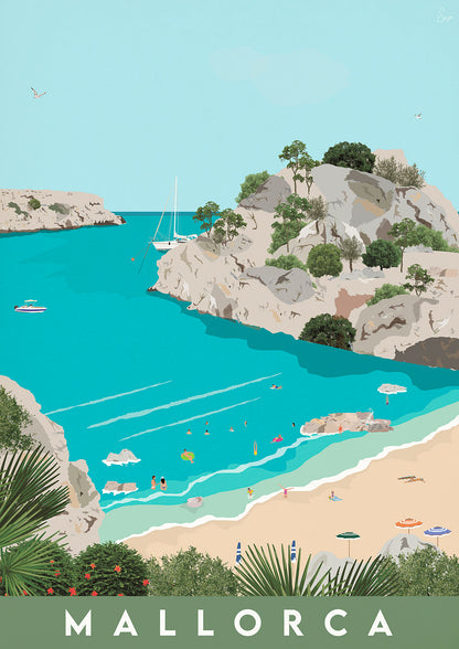 Illustration of a Mallorca beach and turquoise waters with 'Mallorca' text at the bottom.