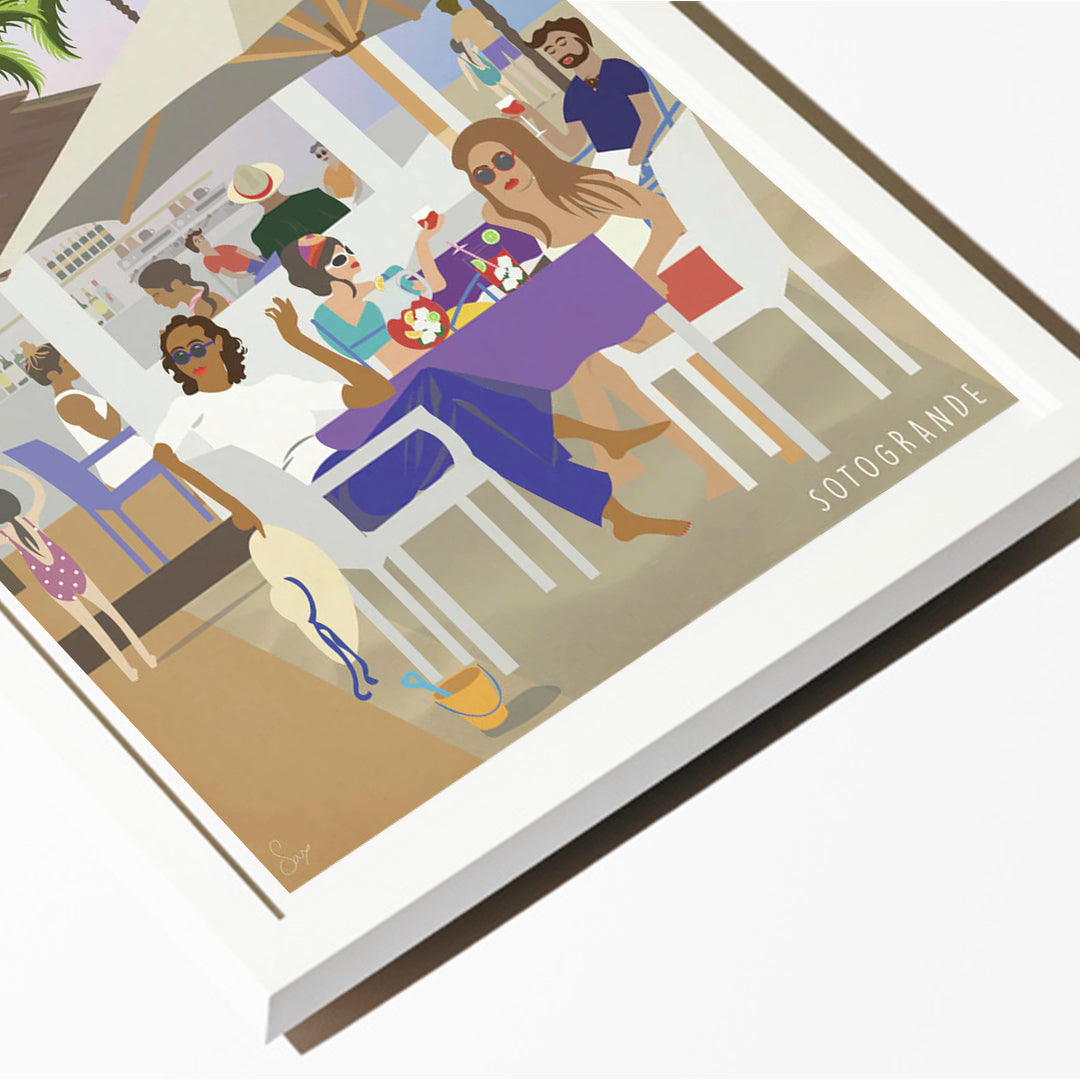 Illustration of people at a table at Chambao beach Bar with 'Sotogrande' text on a white background