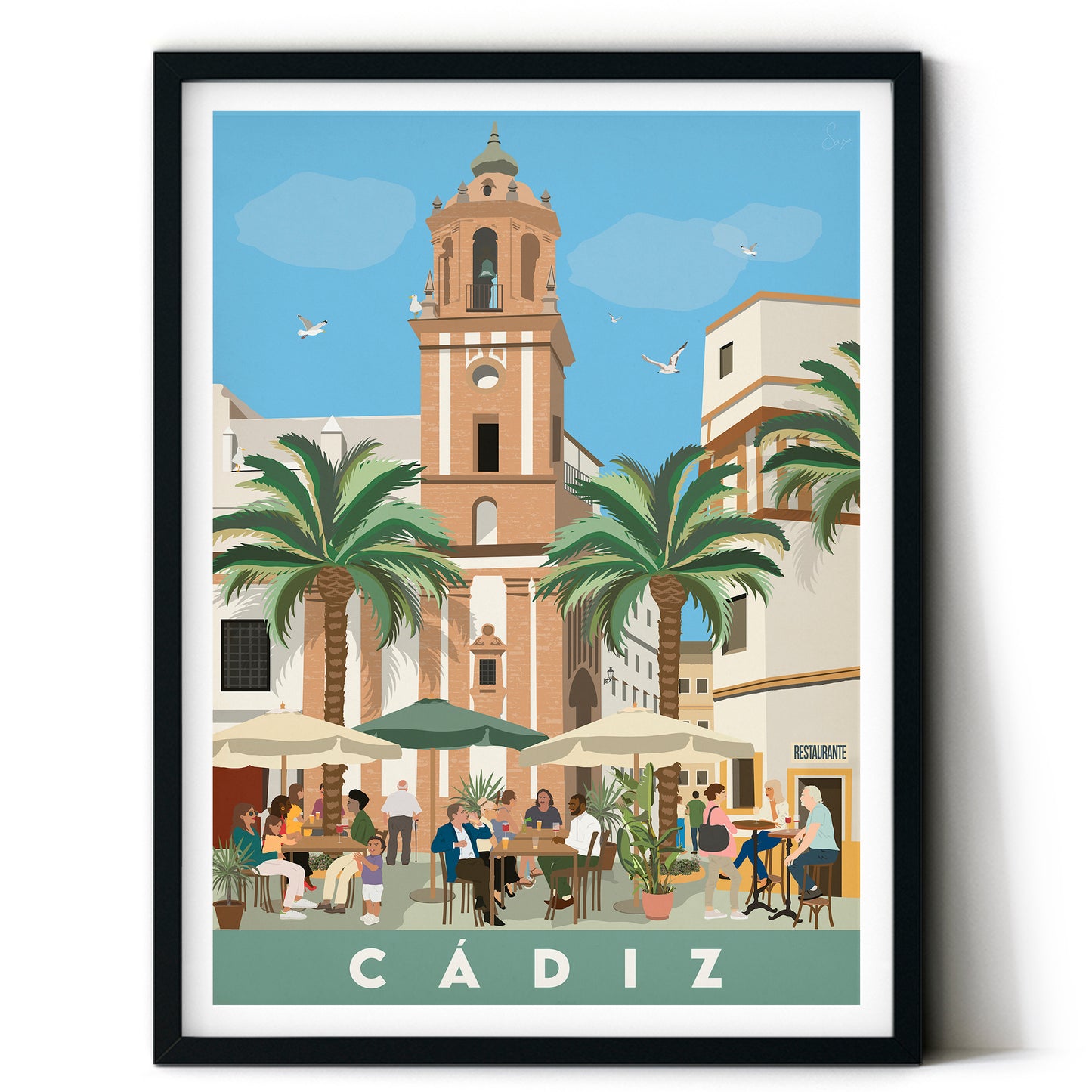 Illustration of a square in Cádiz with people, palm trees, and a tower.