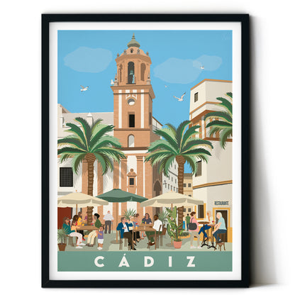 Illustration of a square in Cádiz with people, palm trees, and a tower.