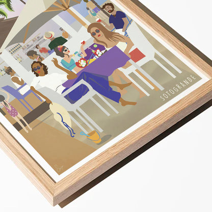 Framed artwork of people at a beachside bar with 'Sotogrande' text.