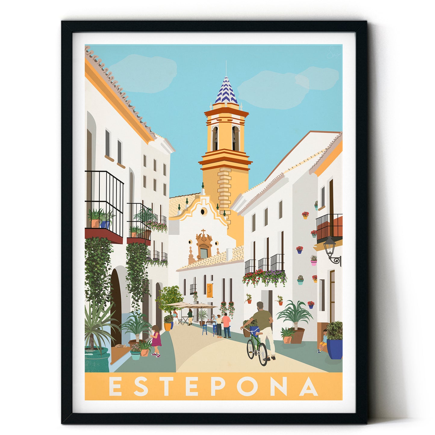 Framed artwork of a street scene in Estepona with a church tower.