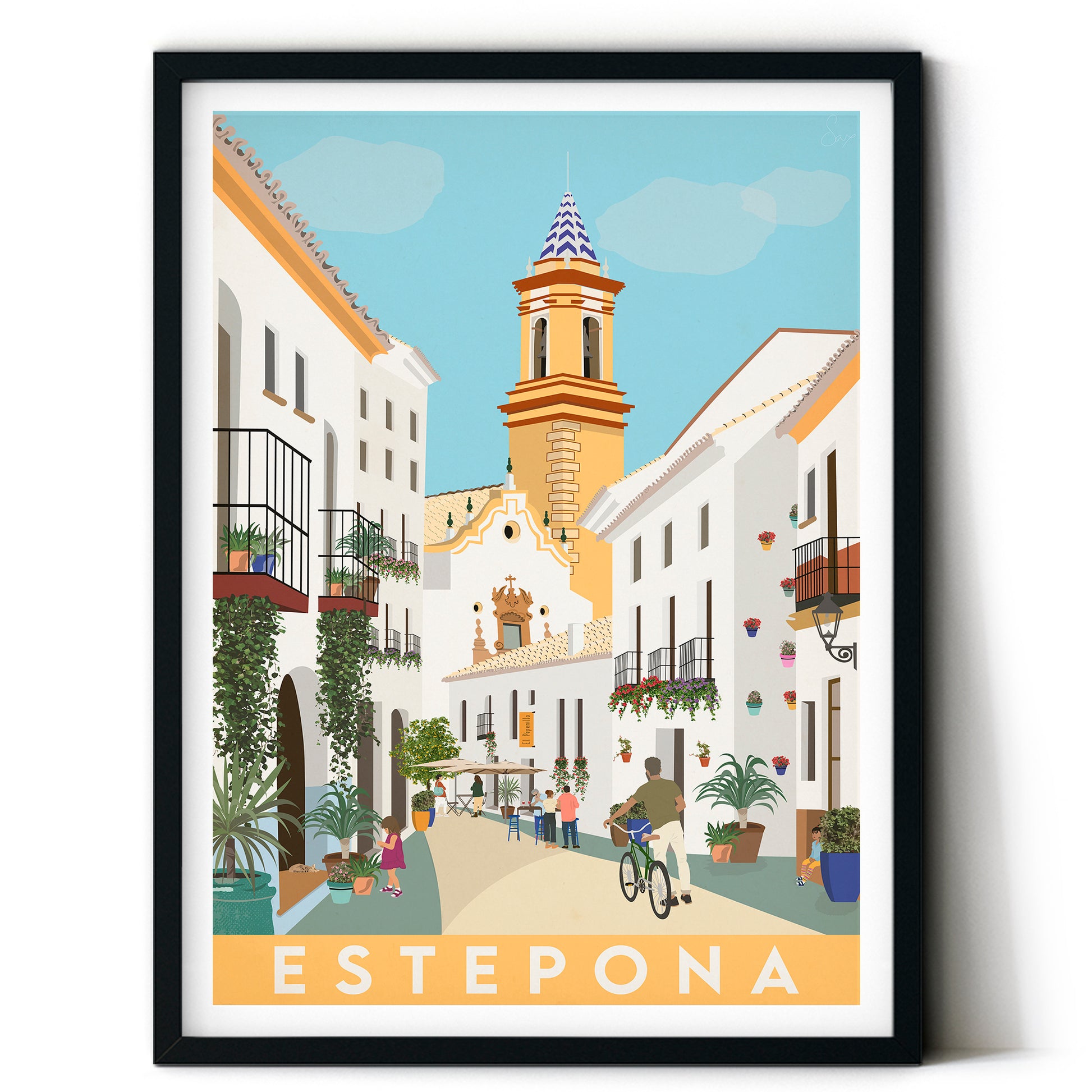 Framed artwork of a street scene in Estepona with a church tower.