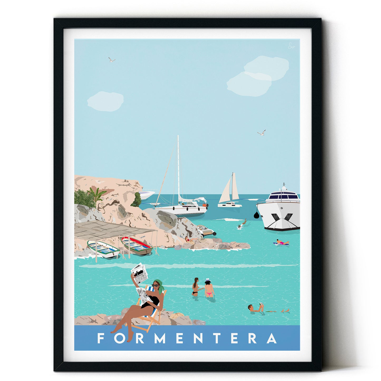 Framed artwork of a coastal scene with boats and people, labeled 'Formentera'.