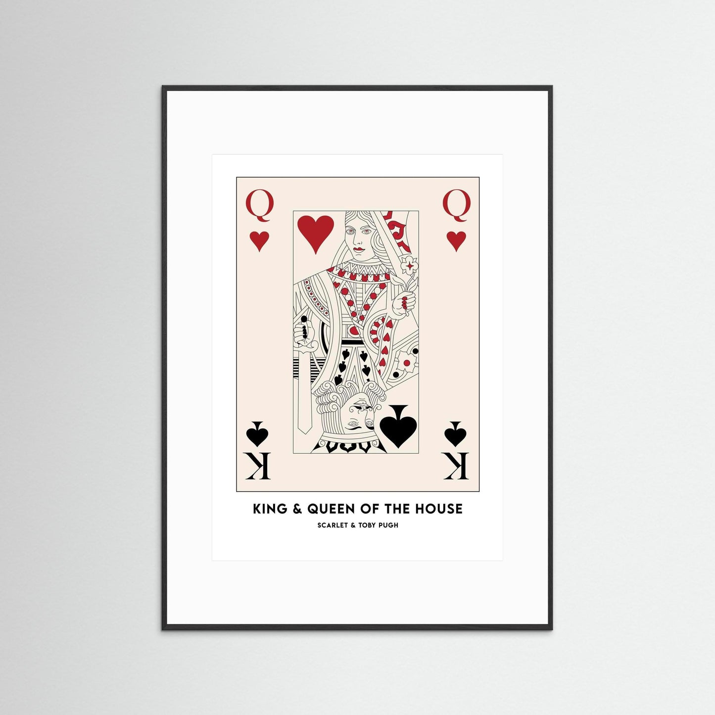 Framed artwork of a playing card design with 'King & Queen of the House' text on a white background.