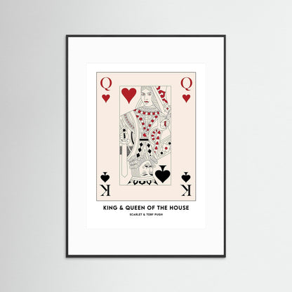 Framed artwork of a playing card design with 'King & Queen of the House' text on a white background.