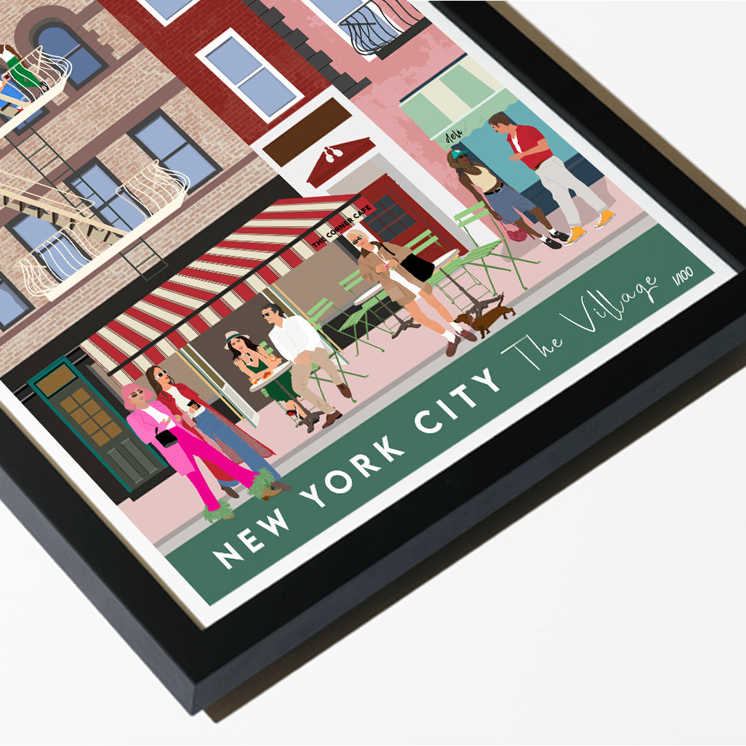 Illustrated print of a New York City street scene with people and buildings.