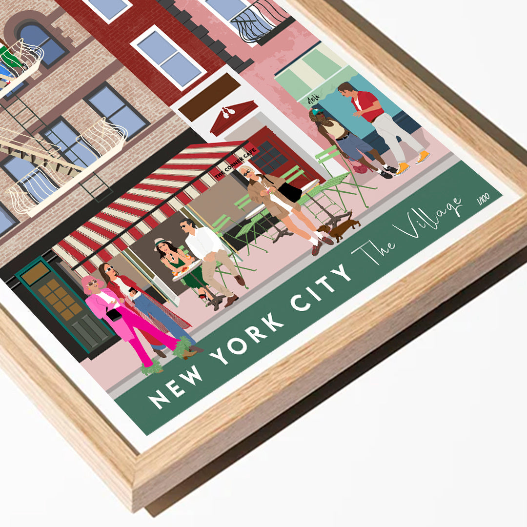 Illustration of a New York City street scene with people sitting at a cafe, framed with a wooden border.