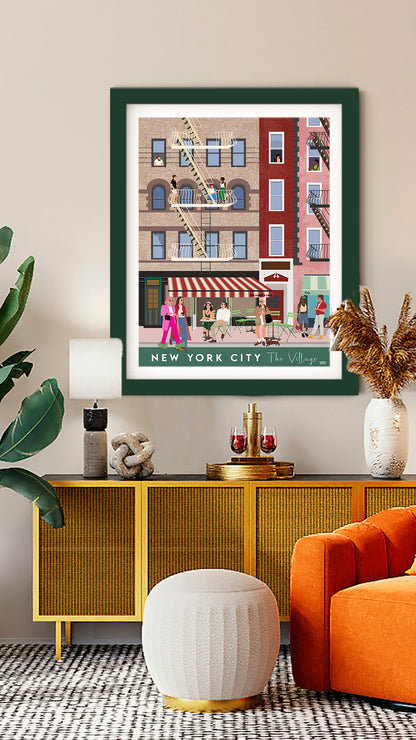 Framed New York City print on a wall above a decorative console table with an orange chair.