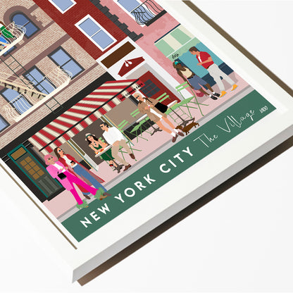 Illustrated drawing of New York City with people on a street corner.