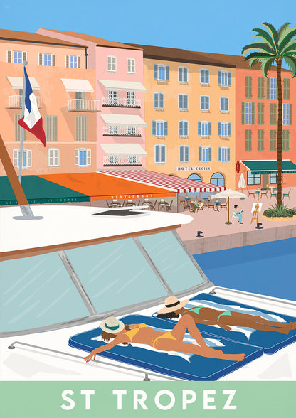 A vibrant print depicting a waterfront scene in St Tropez with a boat, a harbor, and two people sunbathing on a lounger.