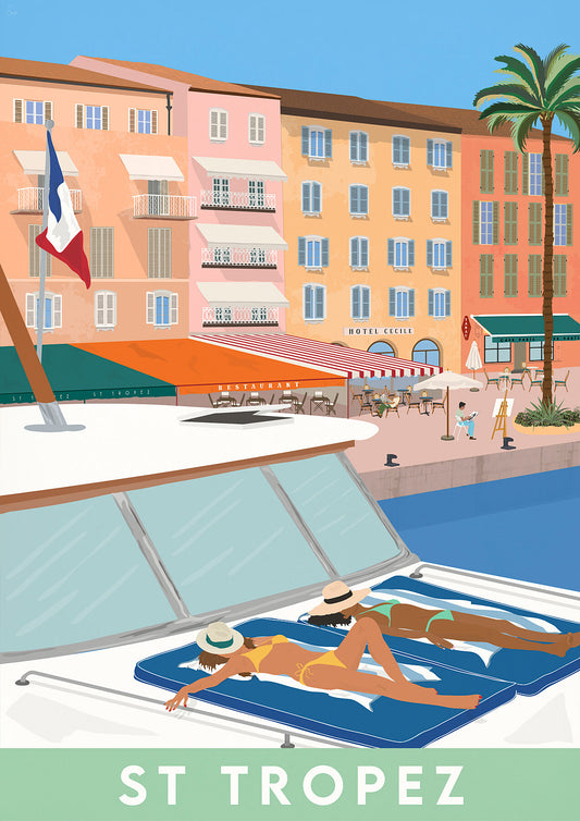 A vibrant print depicting a waterfront scene in St Tropez with a boat, a harbor, and two people sunbathing on a lounger.