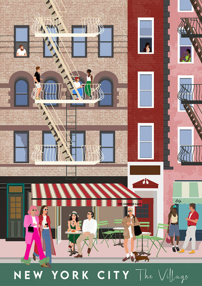 Illustration of a street scene in New York City with people and buildings.