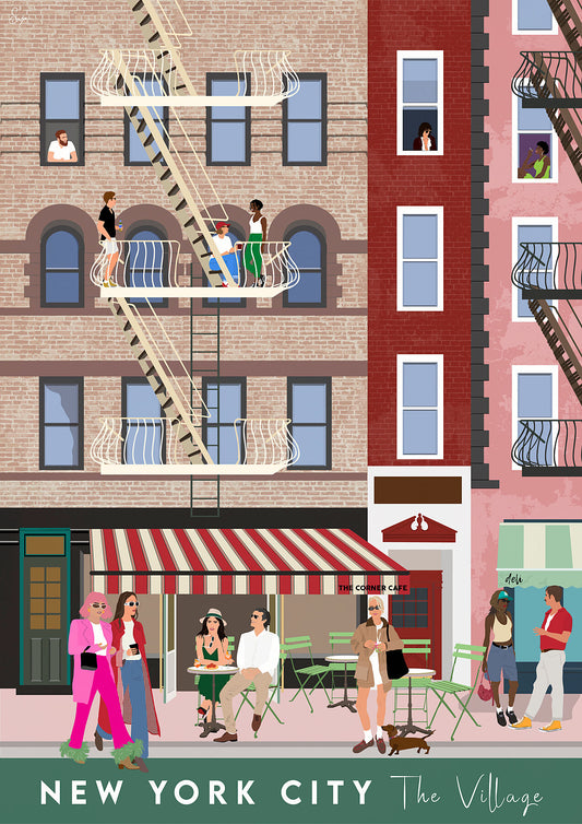 Illustration of a street scene in New York City with people and buildings.