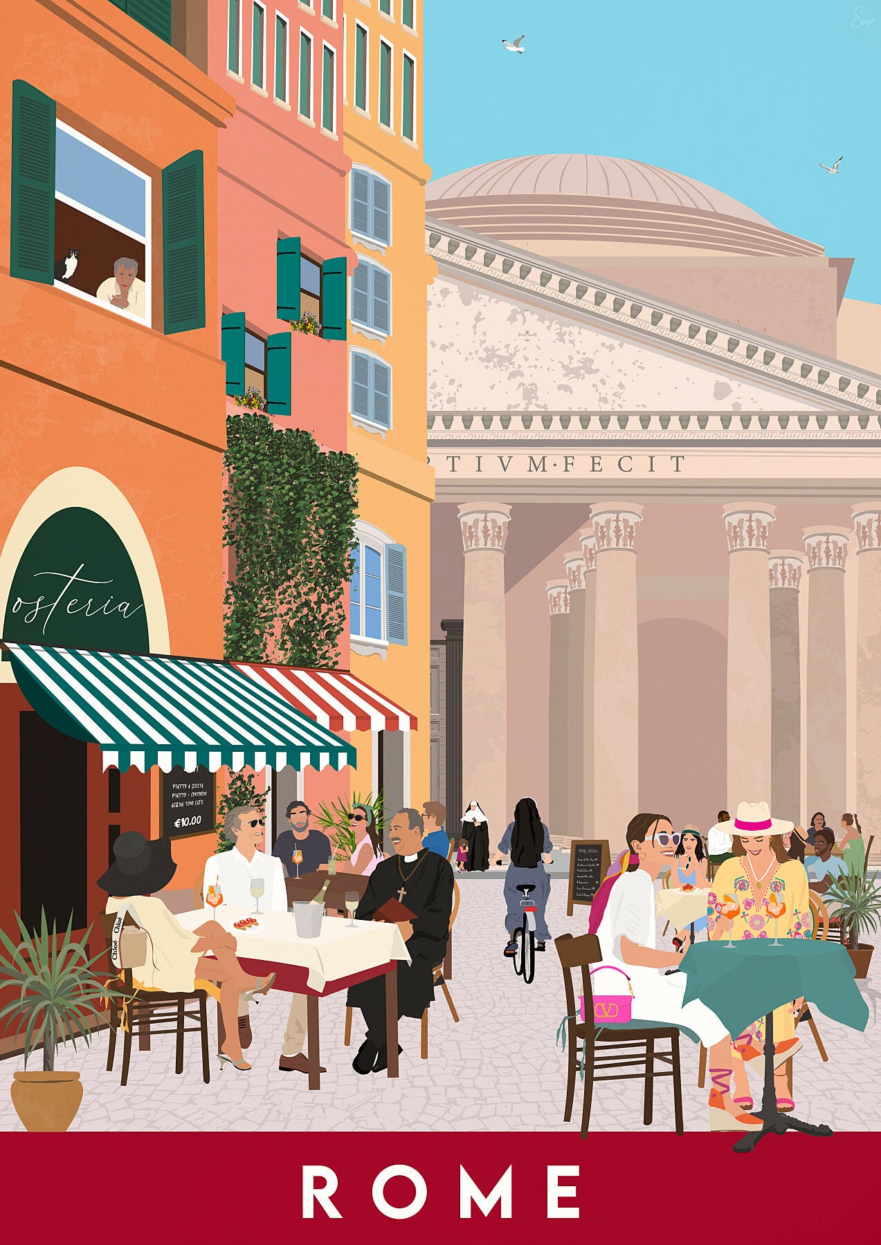 A colorful illustration of a street scene in Rome with people sitting at an outdoor cafe, the Pantheon in the background. Limited edition travel poster 